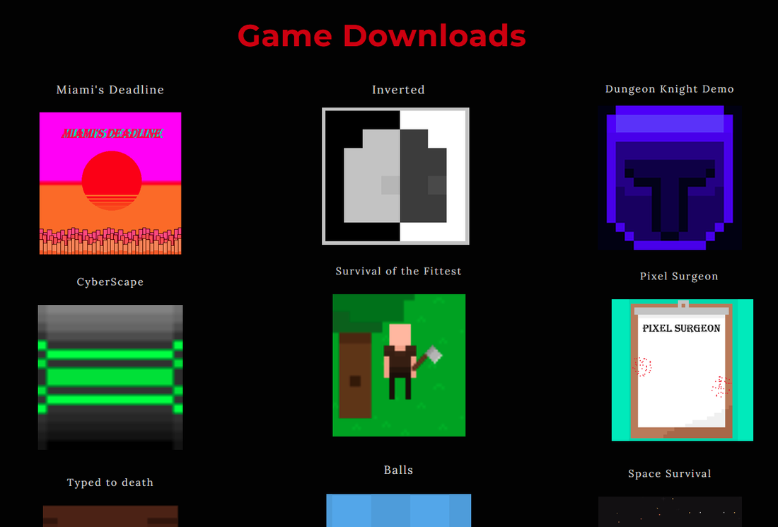 Screenshot of the Games page with download links